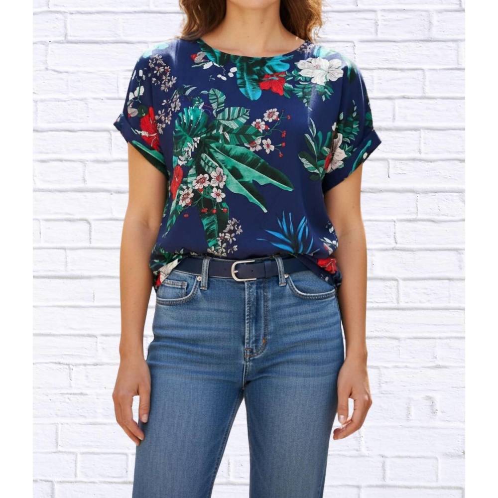 NEW DIVA USA tropical floral viscose blouse in red and navy